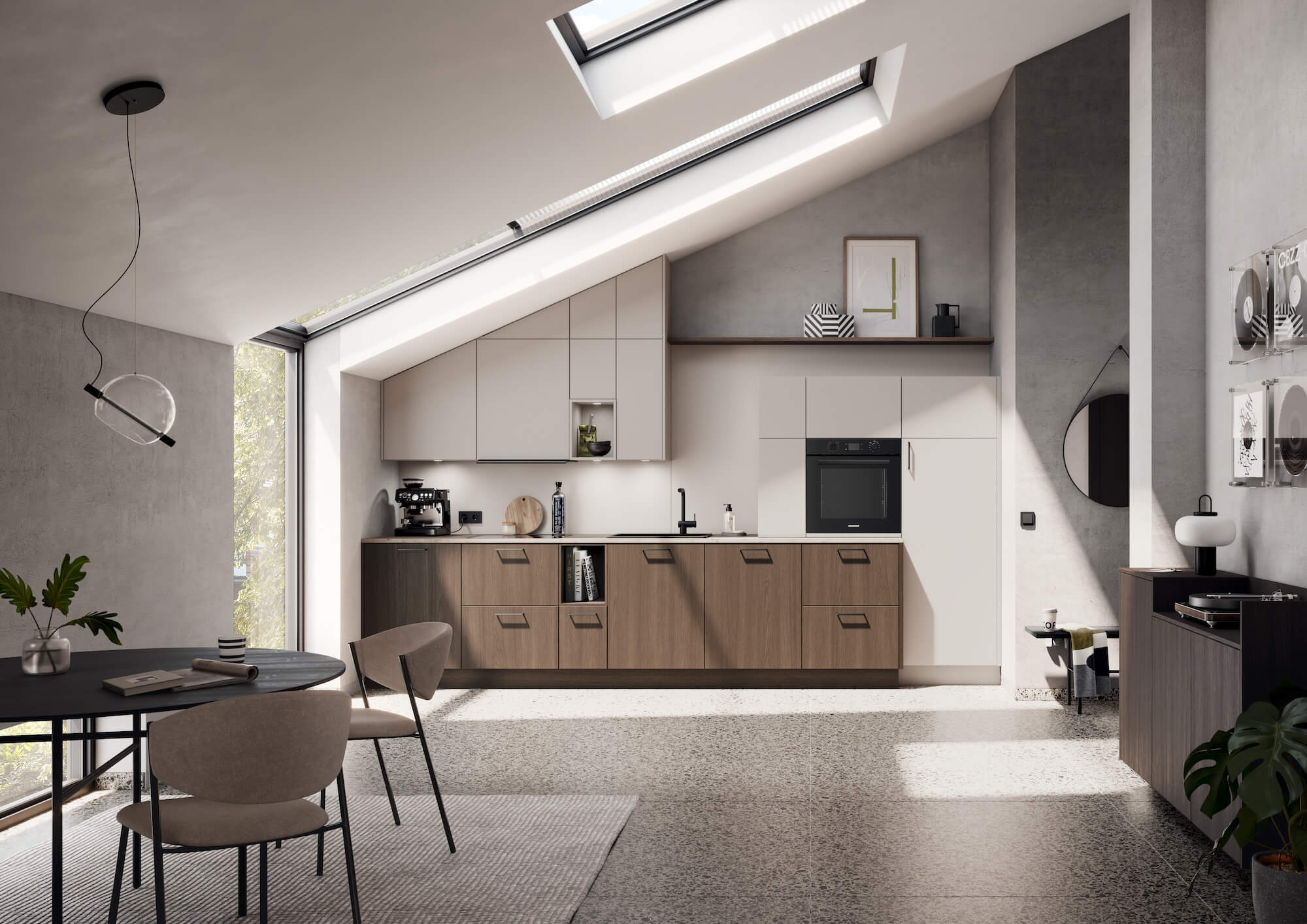Haecker-Toronto-moderne-Kuechenzeile-Trueffelbraun-Steinbeige