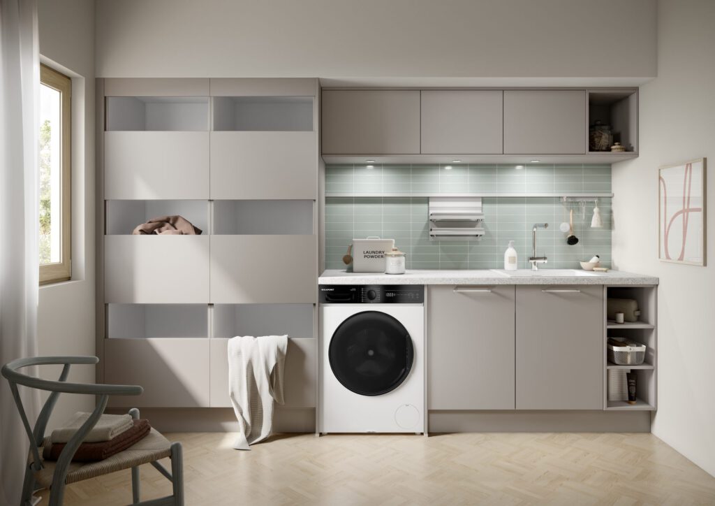 Wie richte ich einen Hauswirtschaftsraum ein? Häcker concept 130 HWR SCALA Greige Gesamtansicht