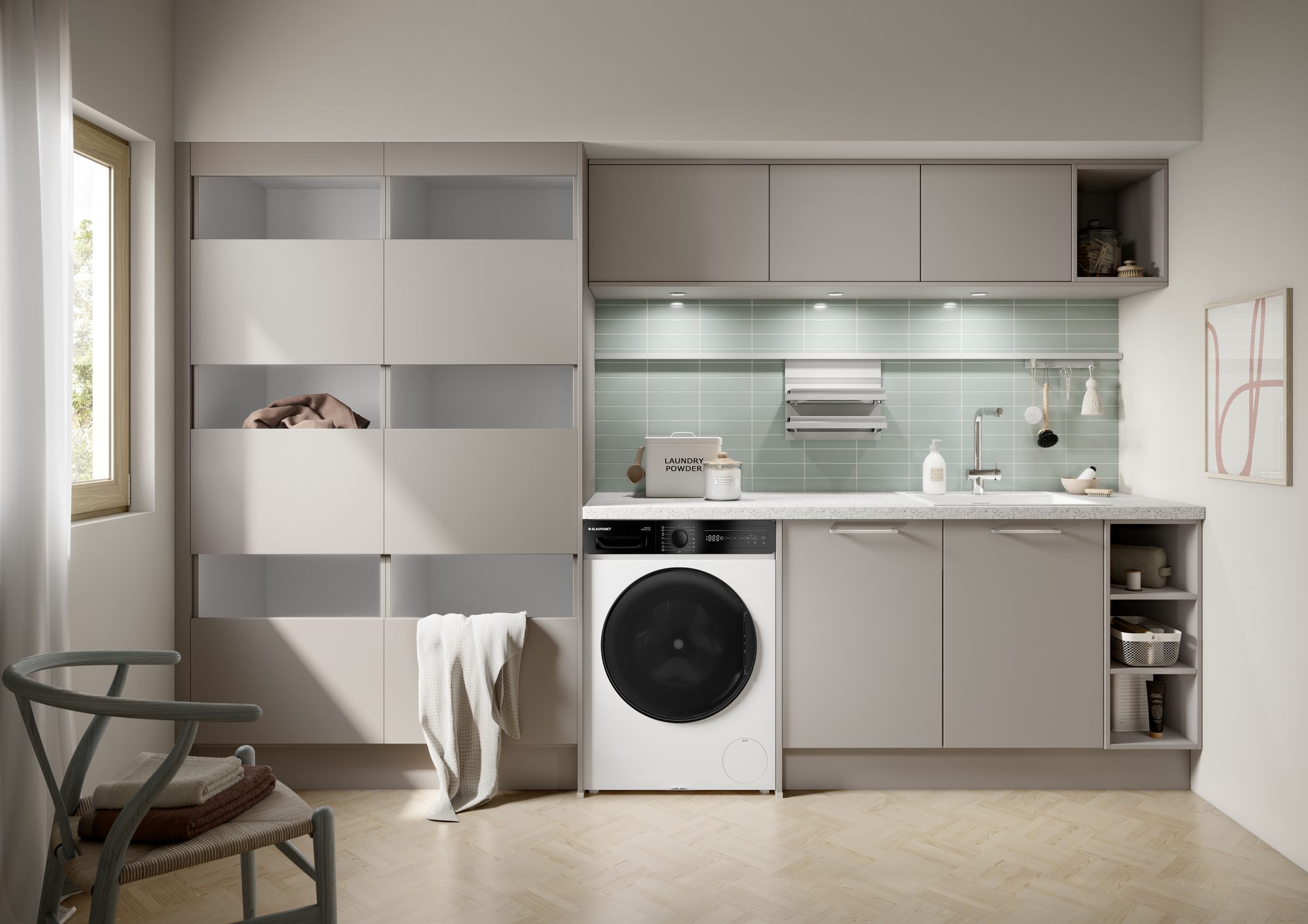 Wie richte ich einen Hauswirtschaftsraum ein? Häcker concept 130 HWR SCALA Greige Gesamtansicht