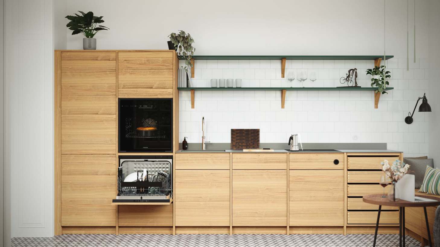 Bora: Küche mit Holzfronten, Bora Backofen und Geschirrspüler Bora Dish
