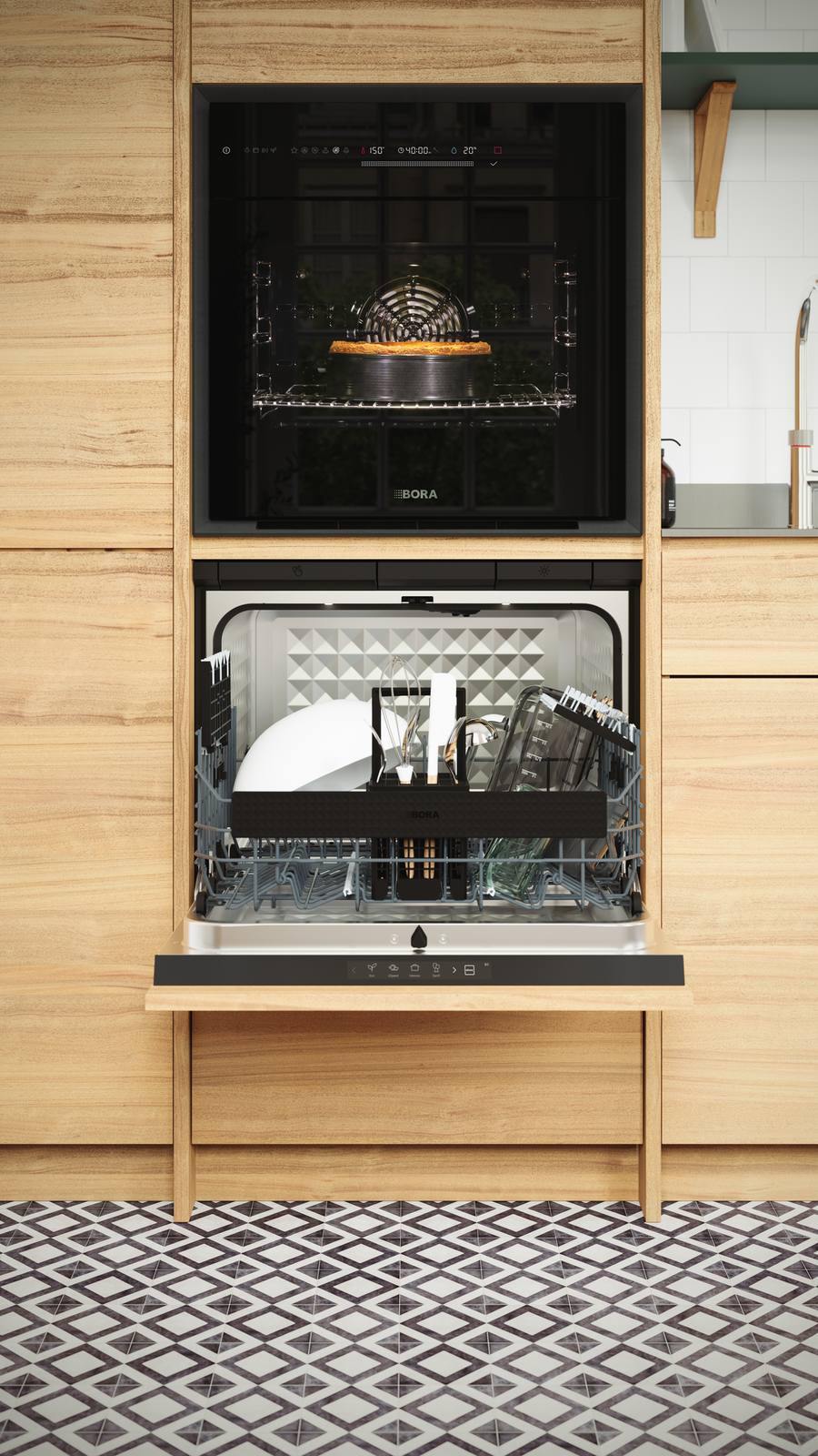 Bora Dish Geschirrspüler unter dem Bora Backofen im Hochschrank