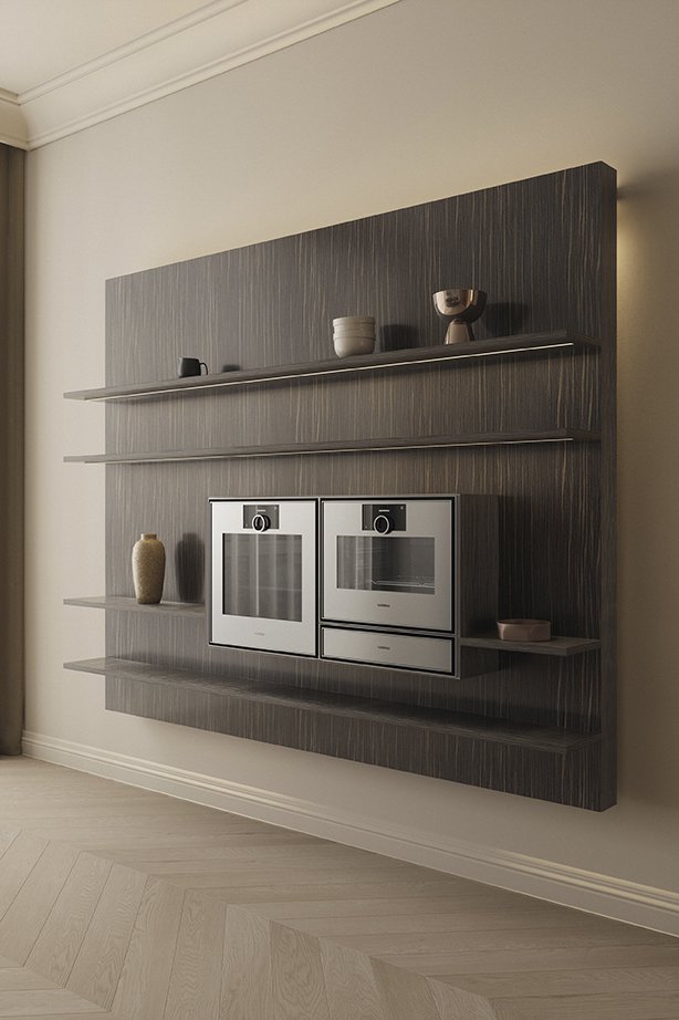 Häcker Designküche Blackwood Bronze: zwei Backöfen im raumhohen Wandpaneel aus Blackwood