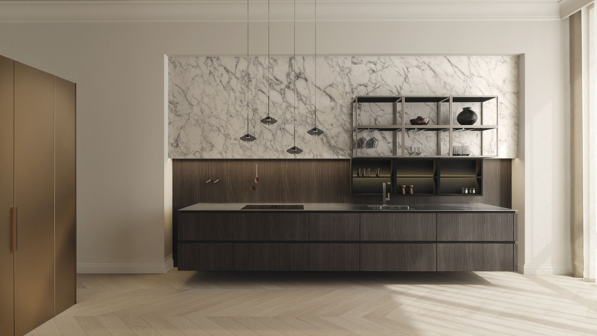 Häcker Designküche Blackwood Bronze: frei schwebende Küchenzeile in Blackwood vor Calacatta-Marmor