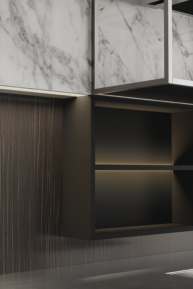 Häcker Designküche Blackwood Bronze: indirekt beleuchtete Fächer in der schwebenden Zeile