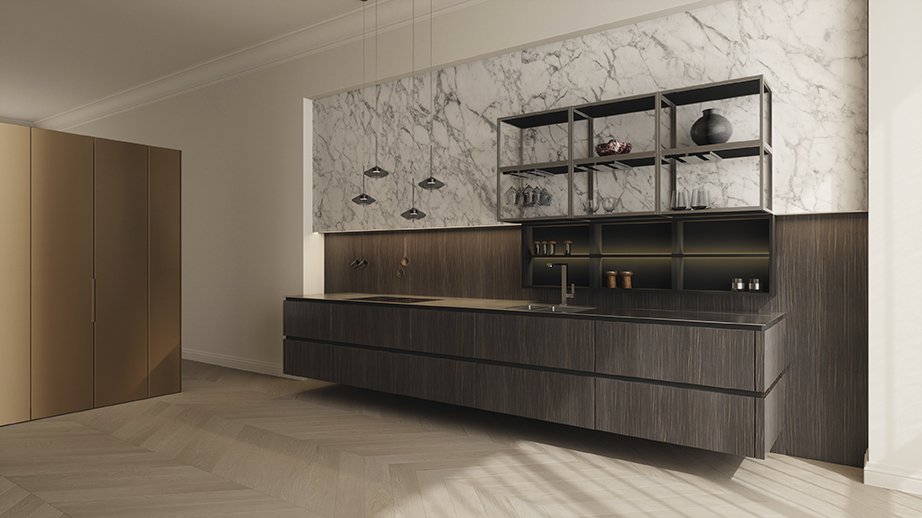Häcker Designküche Blackwood Bronze: schwebende Zeile in Blackwood und Hochschrankwand in Bronze
