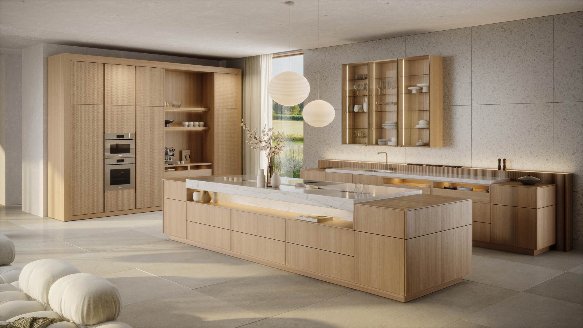 Häcker Designküche mit Insel Eiche: Kücheninsel und Hochschränke in Eiche elegant