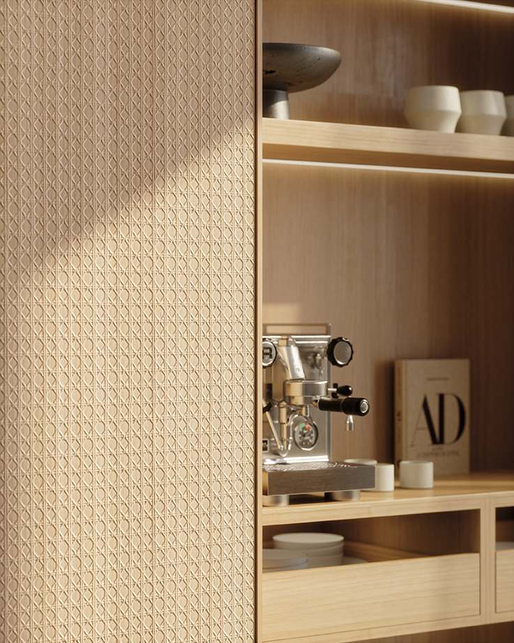 Häcker Designküche mit Insel Eiche: Hochschrankfront mit Flechtrelief neben beleuchteter Kaffeenische