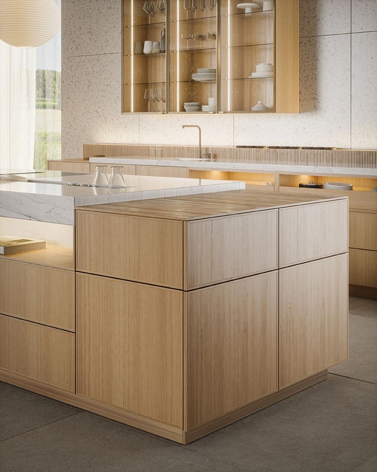 Häcker Designküche mit Insel Eiche: Kücheninsel mit Rahmenfront AV 6065 und Naturstein-Arbeitsplatte