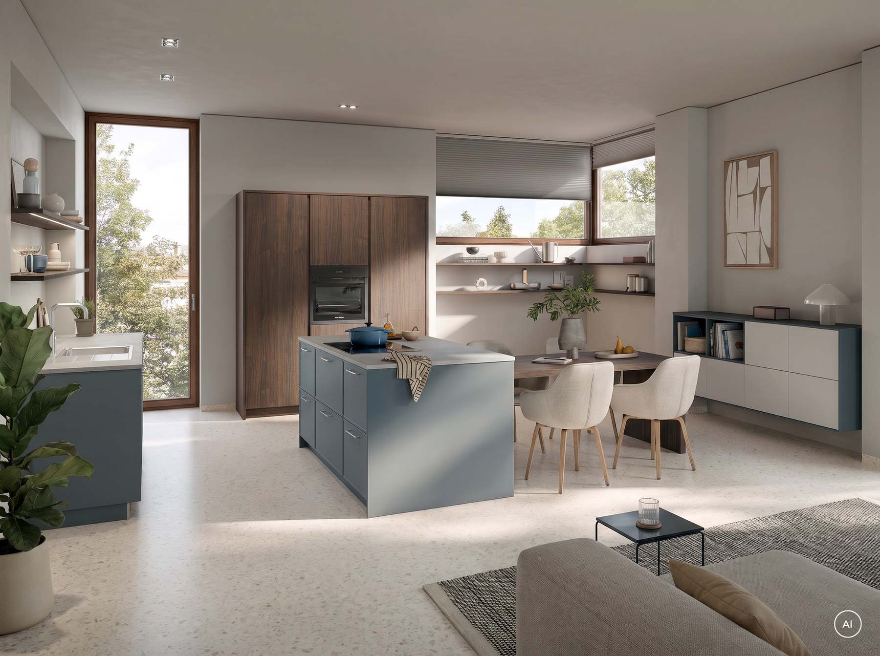 Häcker concept130 Küche mit Insel in Enzianblau und Essplatz