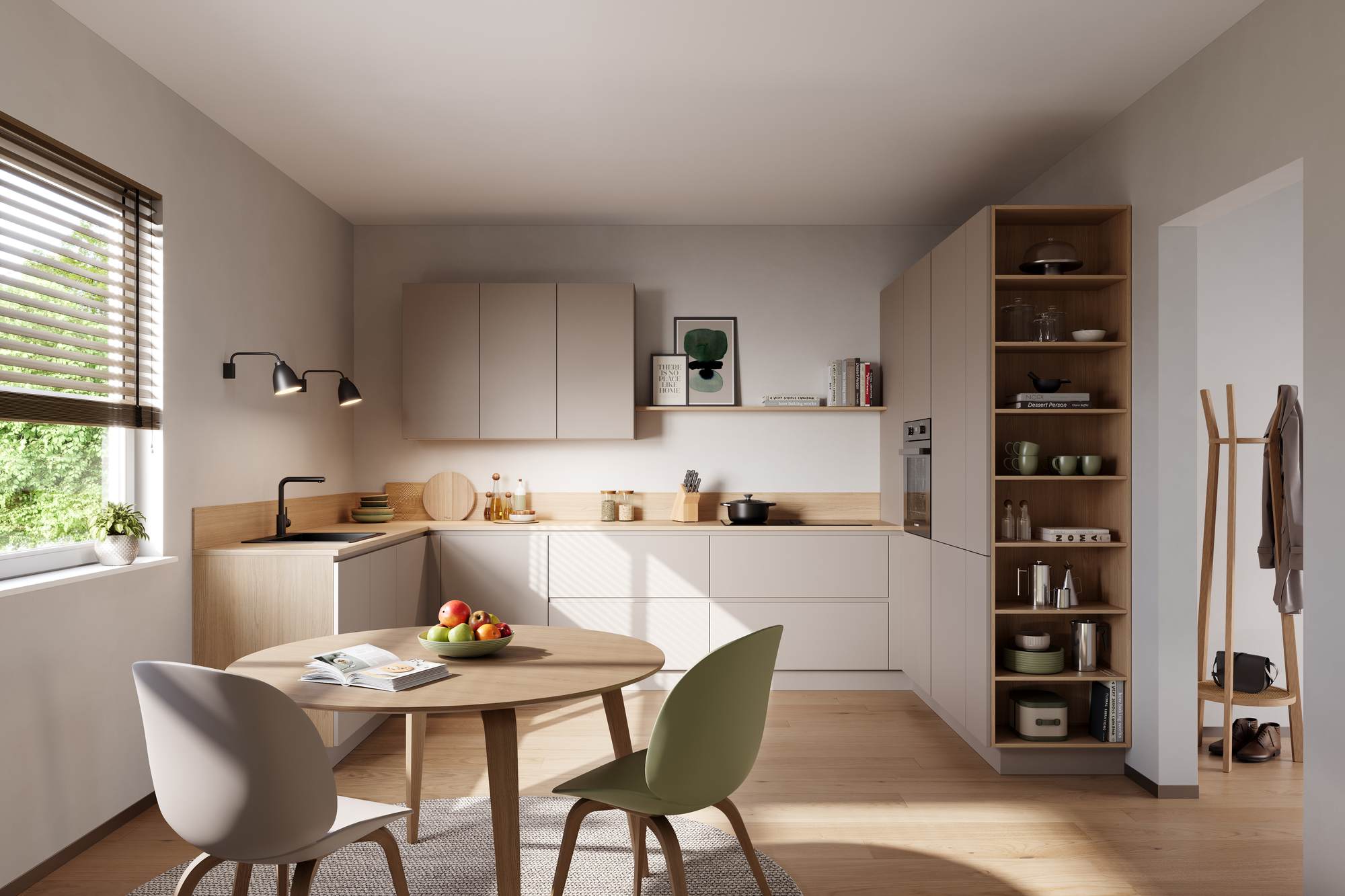 L-Küche mit Schichtstofffronten in Steinbeige